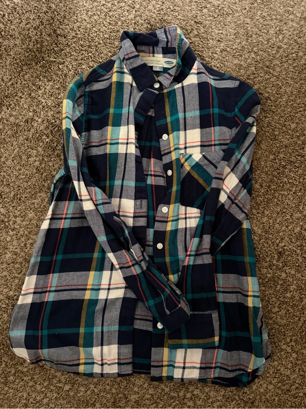 Old Navy Navy, Teal & White Plaid Button-Down Shirt